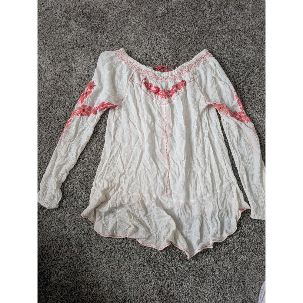 Free People White Coral Embroidered Gauze Peasant Blouse Top Medium - Picture 4 of 6